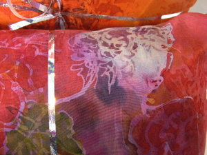 Batik silk pillow covering by Indian artist Shalini Tandon at Beachcombers Bazaar. 