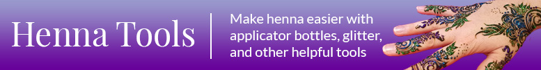 Henna applicator bottles, cello, glitter, and other helpful henna tools.